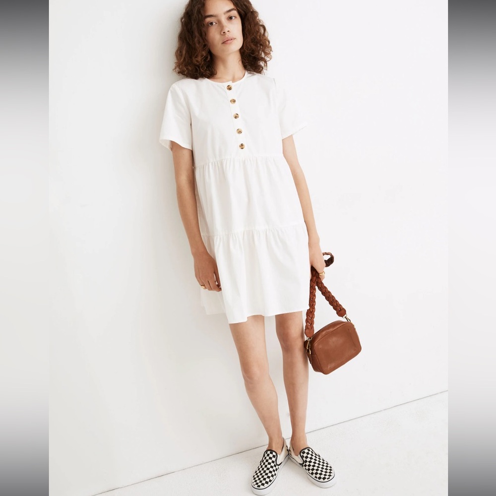 Madewell Button-Front Short-Sleeve Tiered Mini Dress In Lighthouse
